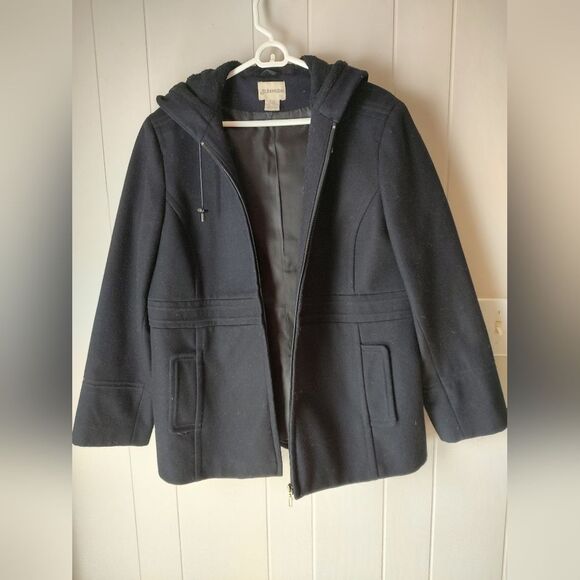 St John's Bay Black Wool And Cashmere Hooded Zip-Up Coat. Size Petite XL - Picture 1 of 5